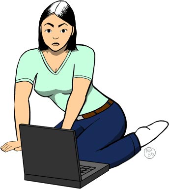 Illustration på en tjej som sitter på golvet med en bärbar dator.